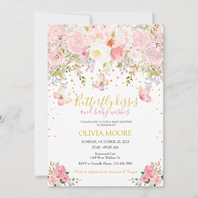 Invitation Baisers à papillon et baby shower de voeux pour bé (Devant)