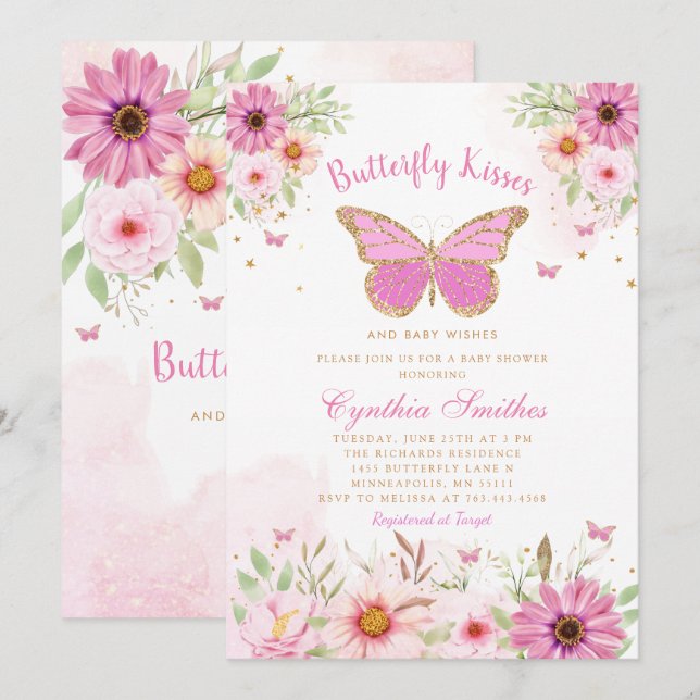 Invitation Baisers à papillon et voeux de bébé Baby shower fi (Devant / Derrière)
