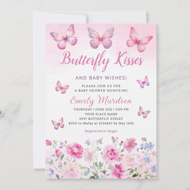 Invitation Baisers à papillon et voeux de bébé Baby shower fi (Devant)