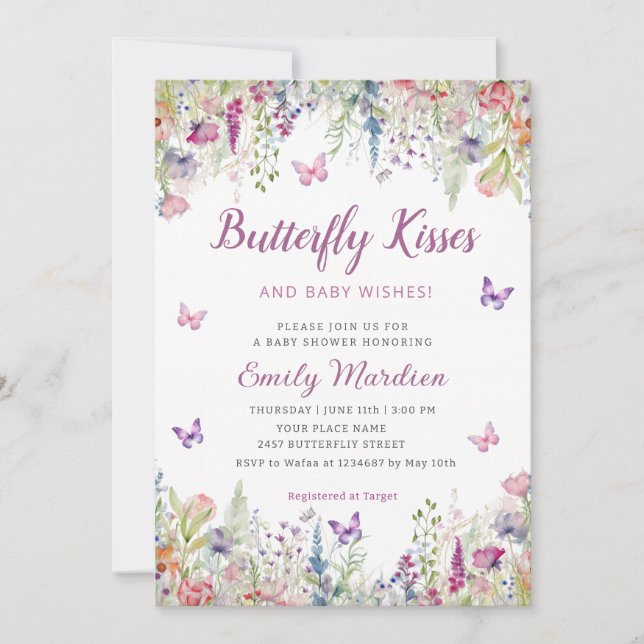 Invitation Baisers à papillon et voeux de bébé Baby shower fi (Devant)