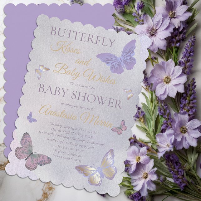 Invitation Baisers à papillon et voeux de bébé Baby shower fi (Butterfly Kisses and Baby Wishes Girl Baby Shower Lavender and Gold Tone Invitation - Print Download)