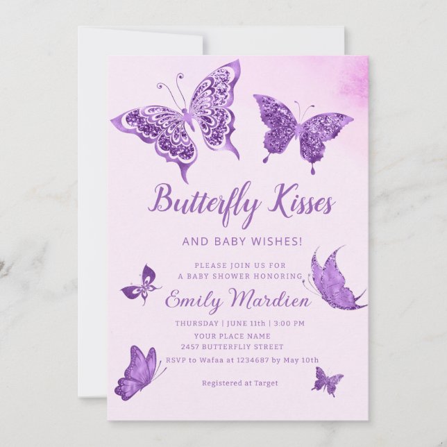 Invitation Baisers à papillon et voeux de bébé Baby shower fi (Devant)