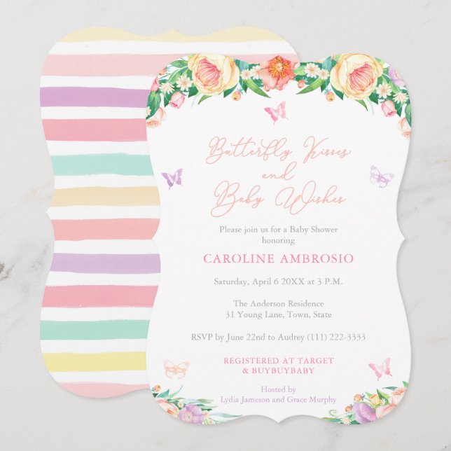 Invitation Baisers à papillon et voeux pour bébé Baby shower  (Devant / Derrière)