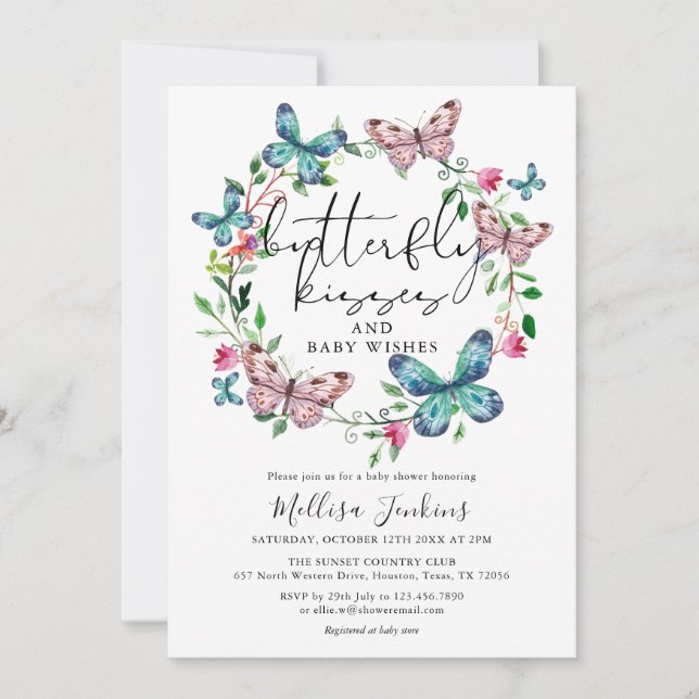 Invitation Baisers à papillon Fleur sauvage Baby shower flora (Devant)