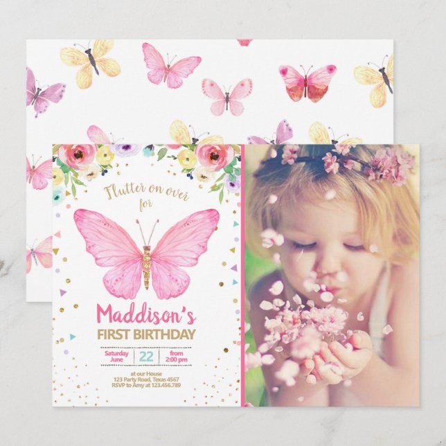 Invitation Baisers à papillon Jardin Floral Confetti Annivers (Devant / Derrière)