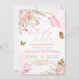 Invitation Baisers à papillon rose Boho et voeux d'anniversai
