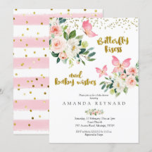 Baisers à papillon rose et or et voeux pour bébé