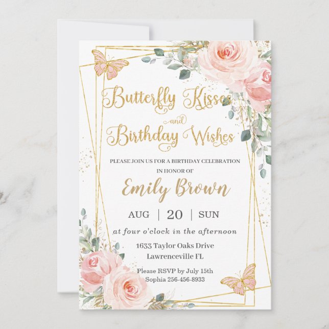 Invitation Baisers à papillon rose pâle Baisers Anniversaire (Devant)