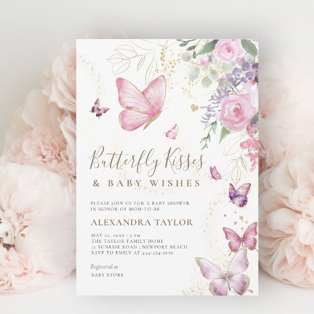 Invitation Baisers à papillon veut floral bébé fille douche (butterflies baby shower invitation butterfly kisses pink purple gold floral elegant garden party)