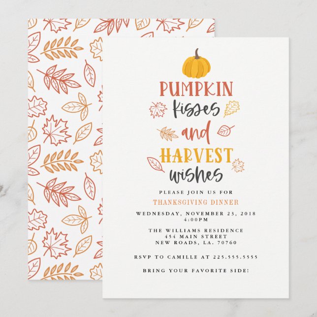 Invitation Baisers citrouilles et souhaits de récolte Thanksg (Devant / Derrière)