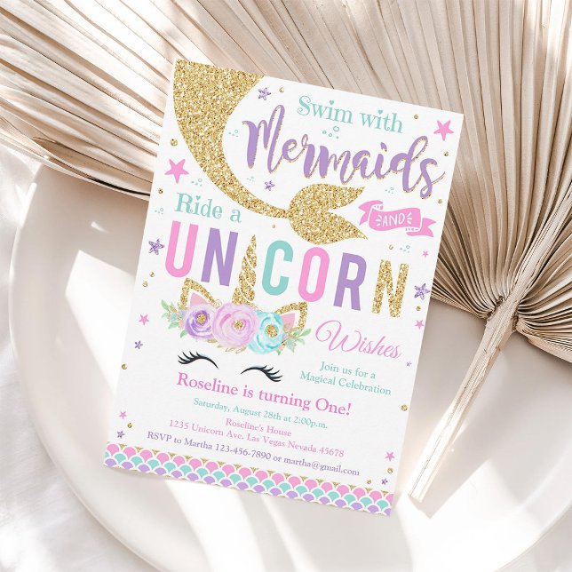 Invitation Baisers et Unicorn Souhaite Unicorn Mermaid Annive (Créateur téléchargé)
