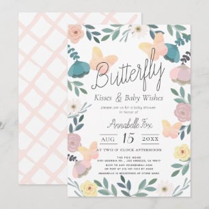 Invitation Baisers papillon Jardin fleuri Baby shower rose