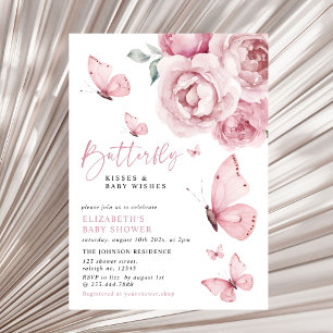 Invitation Baisers papillon rose florale Baby shower fille