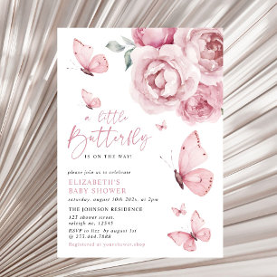 Invitation Baisers papillon rose florale Baby shower fille