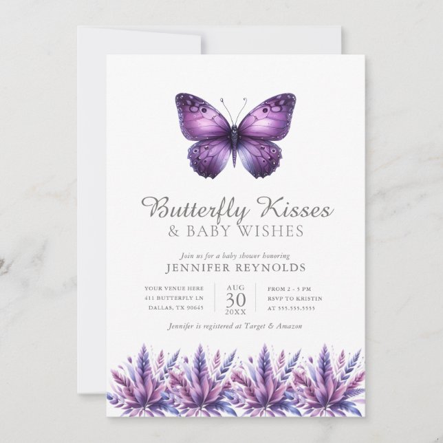 Invitation Baisers papillon violet Floral Baby shower fille (Devant)