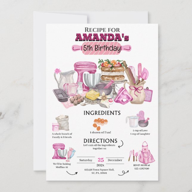 Invitation Baking Anniversaire Fille Cuisine Anniversaire Fêt (Devant)