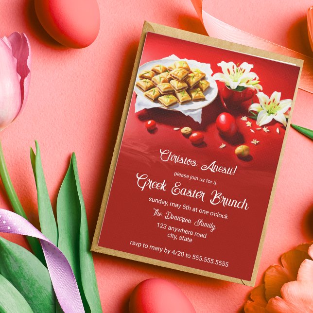 Invitation Baklava Grec De Pâques Avec Oeufs Et Lys Invitatio (Embrace Greek Easter's Spirit: Baklava, Lilies, & Red Eggs Invitation!)