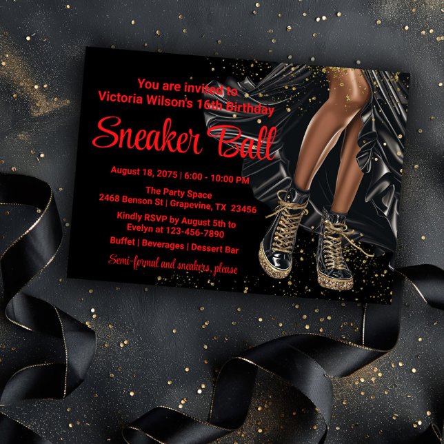 Invitation Bal Basket Basket Red Black Gold (Pretty black and gold sneaker ball invitation. You can change the background color and text color.)