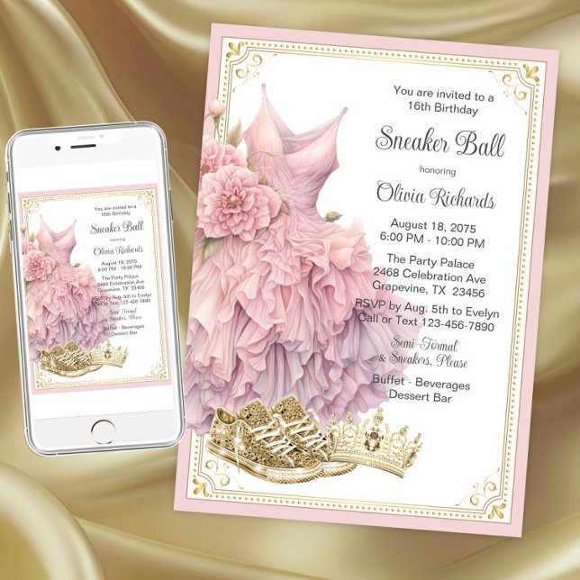 Invitation Bal Basket d'or rose fête d'anniversaire (Pink gold sneaker ball invitation. Instant download and printed invitations available.)