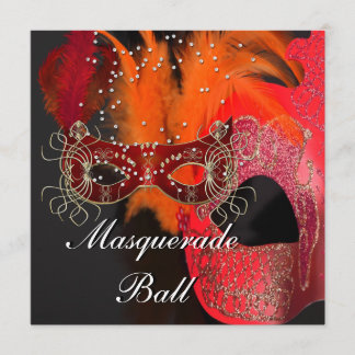 Invitation Bal de masques aux masques rouges oranges noirs