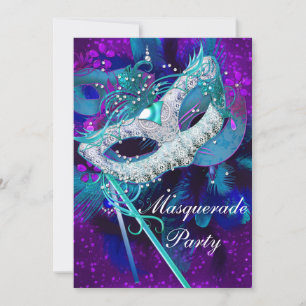 Invitation Bal de masques Teal Blue Masques violets grands