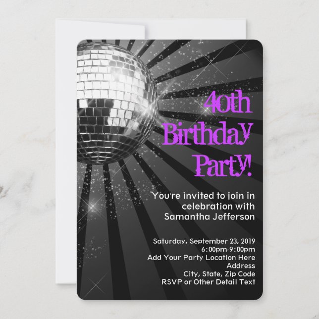 Invitation Bal Disco Violet/Noir 40e anniversaire (Devant)