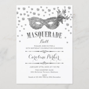 Invitation Bal Mascarade Blanc Argent Anniversaire
