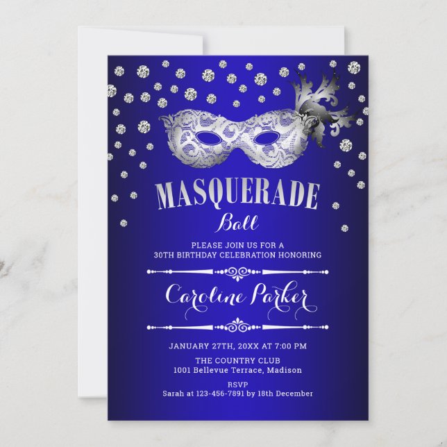 Invitation Bal Mascarade Bleu Argent Royal Bleu (Devant)