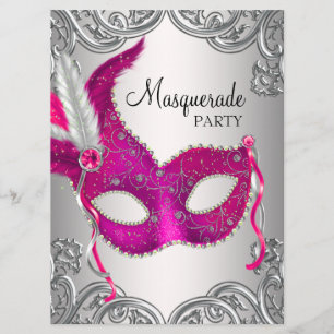 Invitation Bal masqué avec masque argent rose chaud