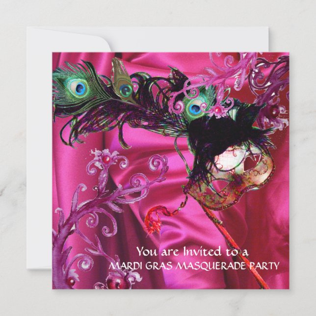 INVITATION BAL MASQUÉ DU MARDI GRAS, TISSU DE SOIE FUCHSIA (Devant)