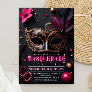 Invitation Bal masqué Élégant Noir Rose Fête