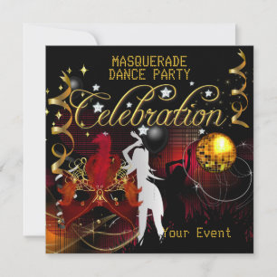 Invitation Bal masqué Fête de danse Rouge Or Disco