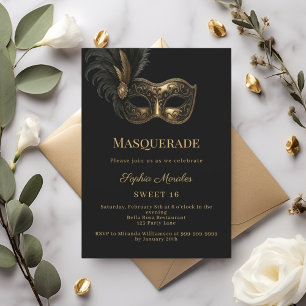 Invitation Bal masqué or noir pour Sweet 16