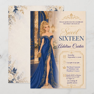Invitation Bal royal bleu pour une fête de Sweet 16 en salle