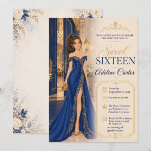 Invitation Bal royal bleu pour une fête de Sweet 16 en salle
