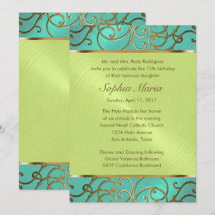 Invitation Balances en Filigre d'Or Verte Quinceanera Aqua Li