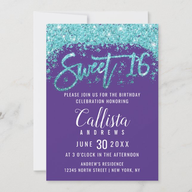 Invitation Balayage blanc violet Aqua Parties scintillant ble (Devant)