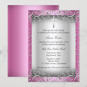 Invitation Balayage en argent rose & Baptême croisé/Baptême