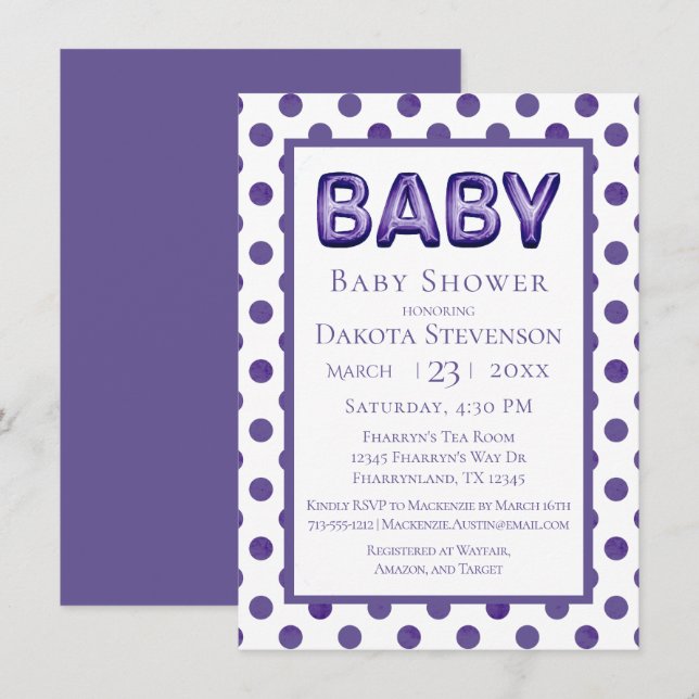 Invitation Balcon bébé | Baby shower violet royal violet (Devant / Derrière)