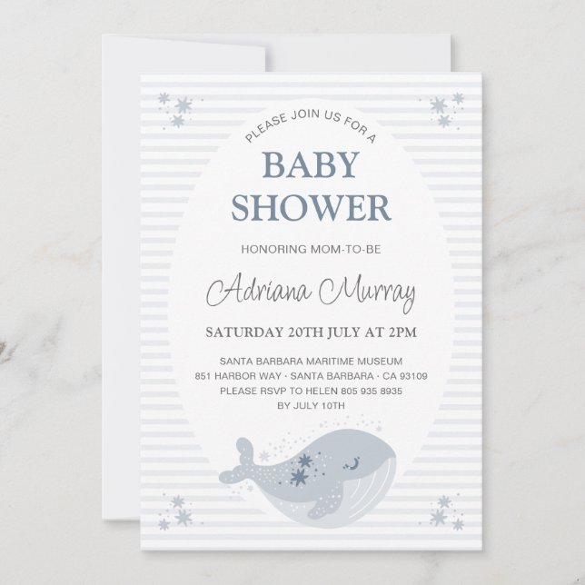 Invitation Baleine à main mignonne Baby shower bleu Dusty (Devant)