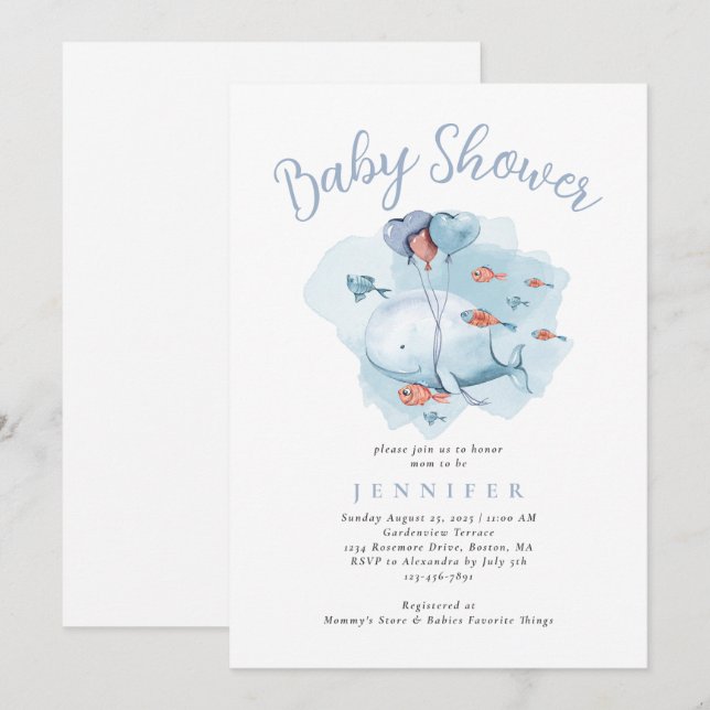 Invitation Baleine Aquarelle sous le Baby shower de mer Invit (Devant / Derrière)