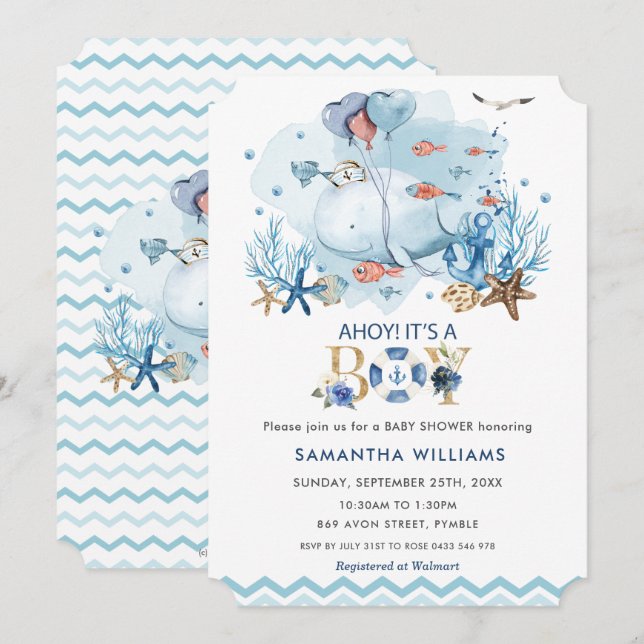 Invitation Baleine Bleue Nautique Ahoy C'est un Baby shower g (Devant / Derrière)