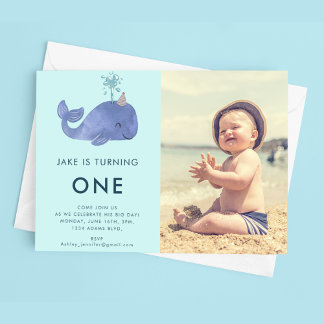 Invitation Baleine d'aquarelle d'un 1er anniversaire | Photo