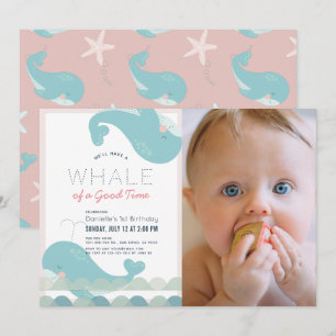 Invitation Baleine d'un bon temps fille rose 1er anniversaire