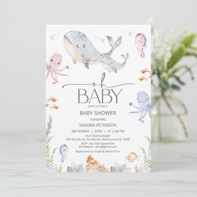 Invitation Baleine grise moderne Oh Baby Under Sea Baby showe (Debout devant)