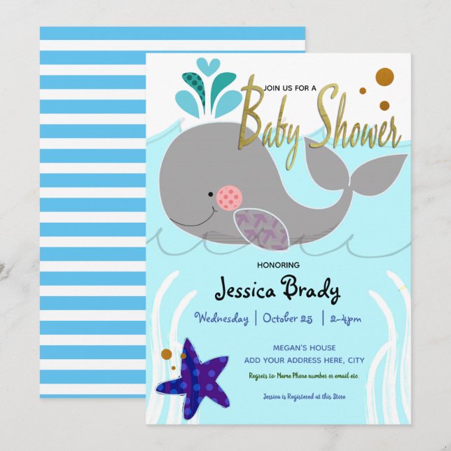 Invitation Baleine Nautical Faux Baby shower de script d'or (Devant / Derrière)
