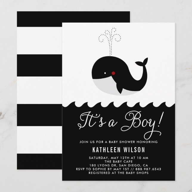 Invitation Baleine noire et blanche C'est un Baby shower garç (Devant / Derrière)