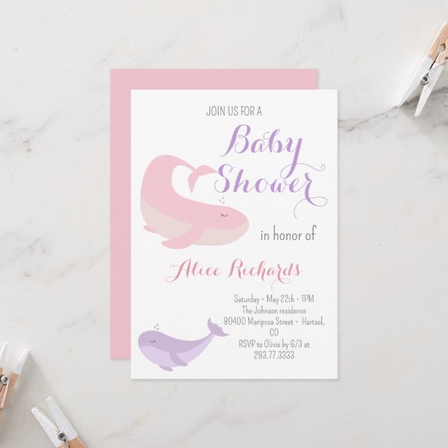 Invitation Baleine rose Lilac Pastel Baby shower de poisson d (Devant/Arrière en situation)