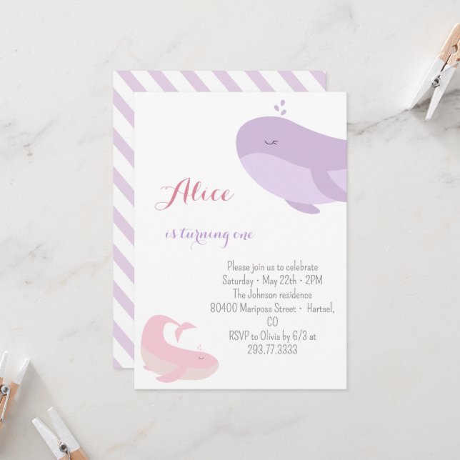 Invitation Baleine rose Lilac Poisson de mer 1ère fête d'anni (Devant/Arrière en situation)