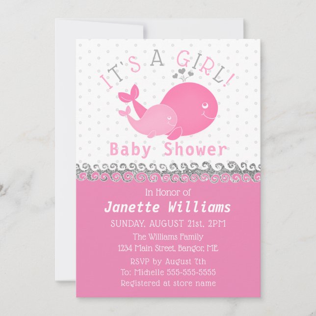 Invitation Baleine rose nautique c'est un baby shower de (Devant)